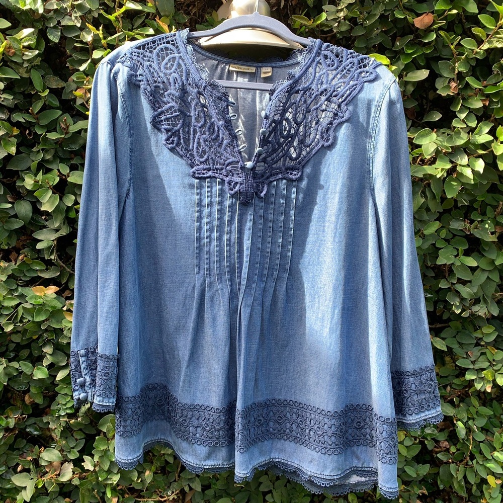 Anthropologie Laced Chambray Top